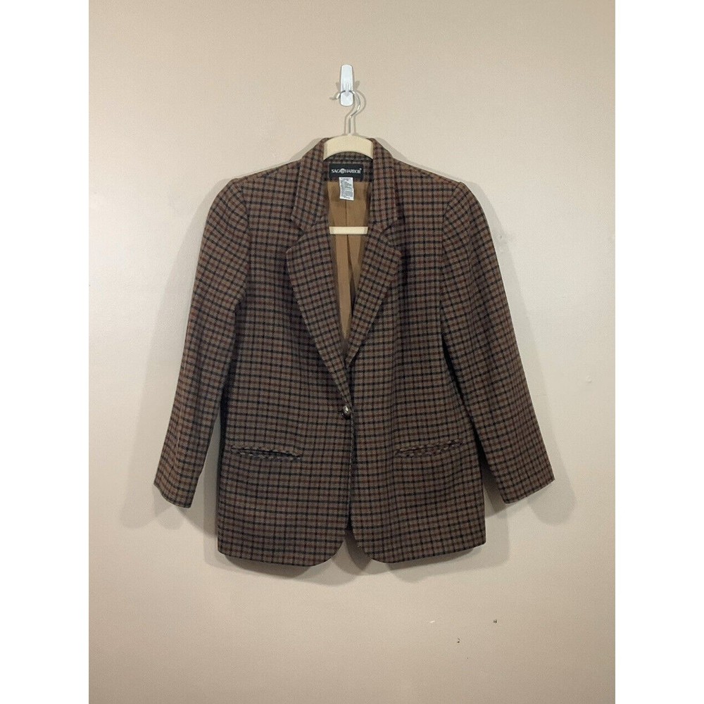 VTG Womens Plaid Wool Blazer 10 Brown Retro Menswear Academia Preppy Pockets